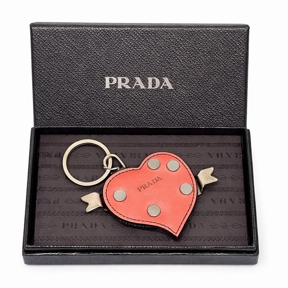 Prada Accessories - Prada Saffiano ‘Trick’ Coral Leather Studded Heart Keychain W/ Box